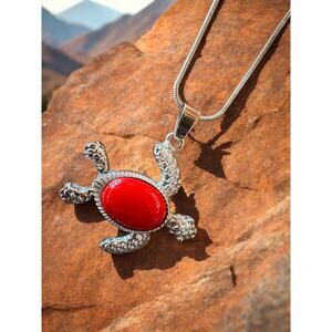 Turtle charm with Red Stone on a 925 Silver 16" chain
